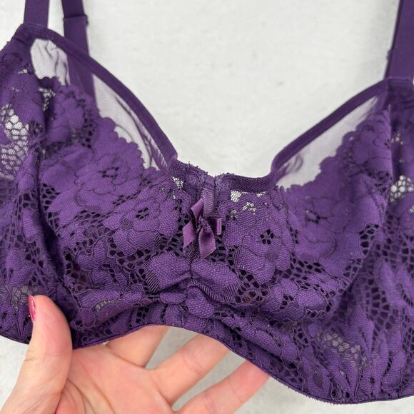Torrid Curve Bra Size 38DD Purple Unlined Demi Underwire Lace Overlay - Picture 2 of 8